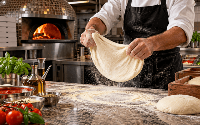 Aluat de pizza frământat manual cu făină